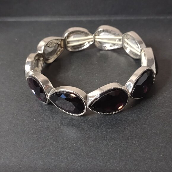 7 Inch Silver Tone And Dark Purple Glass Stretch Bracelet - Picture 7 of 9